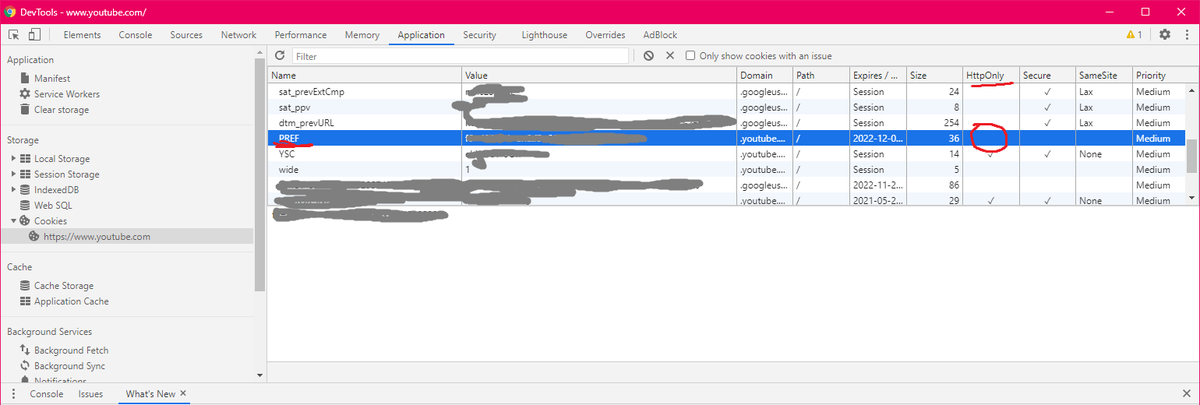 sl7549's tweet photo. @suparokr @YouTube @TeamYouTube And then you need to find https://t.co/6TOTlRwBr9 in Storage/Cookies. You need to make sure that the HttpOnly checkmark is not set for the PREF cookie (you can it see on the screenshot). After that you can just refresh the page, and it should be fixed for you. https://t.co/DZvih1OZ0Y
