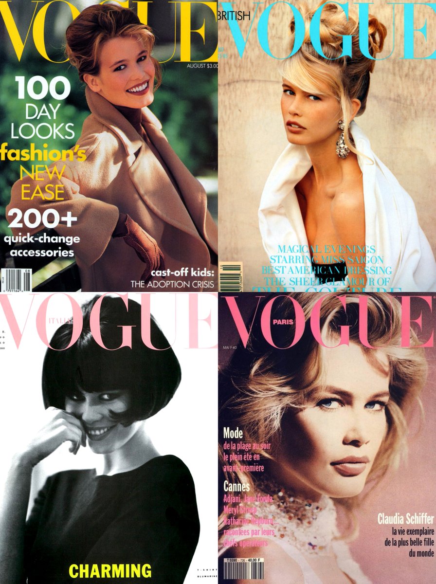 Claudia SchifferVogue US August 1990Vogue UK October 1989Vogue Italia March 1990Vogue Paris May 1992