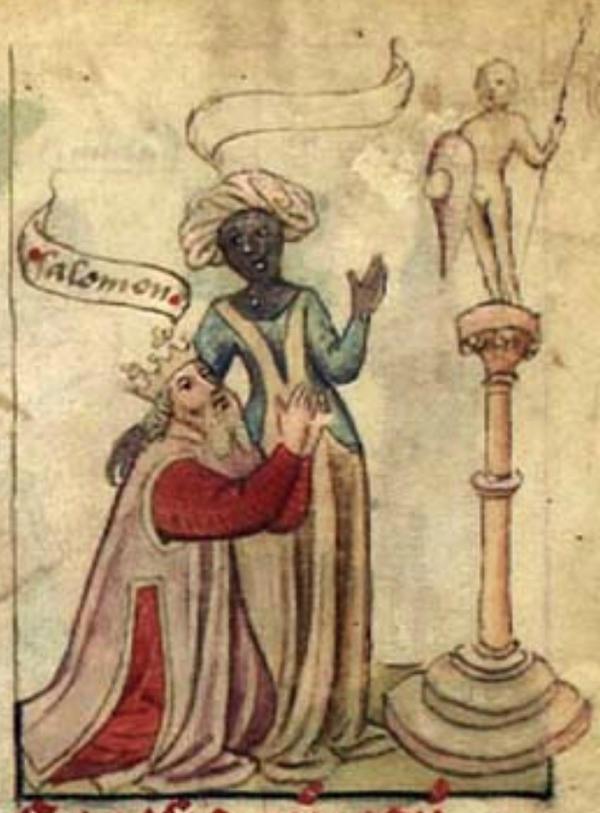 The Queen of Sheba (called Makeda) plays a prominent part in the Kebra Nagast (“Glory of King”), the Ethiopian national epic and foundation story. (King Solomon & Queen of Sheba as depicted in an illuminated manuscript of Speculum Humanae Salvationis (c.1430)
