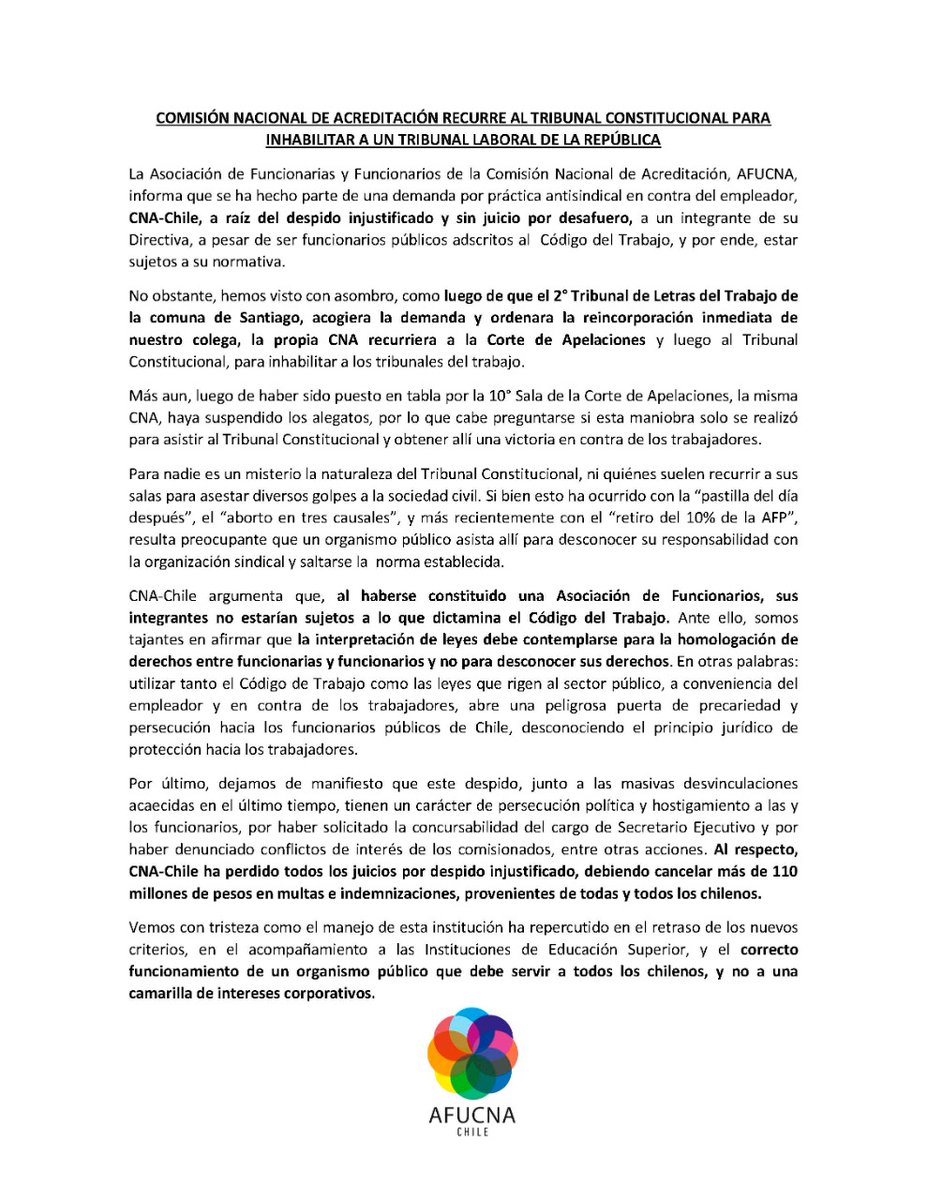 AFUCNA1's tweet photo. CNA recurre al Tribunal Constitucional para inhabilitar a un Tribunal Laboral de la República.
#PracticasAntisindicales @anefchile @fenaedup @elmostrador @Camila_RojasV @LatorreJI @diputadagirardi @ContraloritoCGR @El_Ciudadano @eldesconcierto @Jaime_Bassa @fernando_atria https://t.co/pS3gBpyXn8