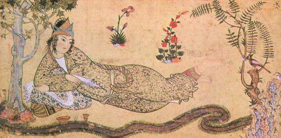 According to one legend, when Solomon learnt that Bilqīs worshipped the sun he sent her a letter trying to convert her. (Bilqis reclining in a garden, Persian miniature, c.1595).