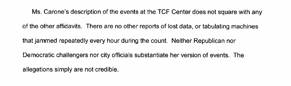 Getting many emails this morning claiming that Melissa Carone, the Dominion contractor, revealed massive election fraud during her Michigan Senate testimony on Tuesday. Below is what a judge and the City of Detroit said about her claims in past court filings: