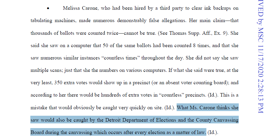Getting many emails this morning claiming that Melissa Carone, the Dominion contractor, revealed massive election fraud during her Michigan Senate testimony on Tuesday. Below is what a judge and the City of Detroit said about her claims in past court filings: