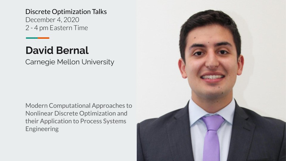 lyeskhalil's tweet image. Special Job Market DOTs Session this Friday, December 4 at *2pm ET* #DiscreteOptTalks!

Join us for 3 exciting 20-min talks+discussion after with:

Alfredo Torrico, Postdoc at @DS4DM
Cheng Guo @chengg04, PhD student at @uoftmie
David Bernal @bernalde, PhD student at @CMU_ChemE