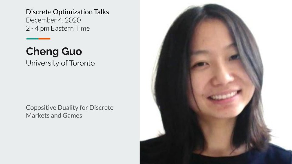 Elias Khalil (@lyeskhalil) on Twitter photo Special Job Market DOTs Session this Friday, December 4 at *2pm ET* #DiscreteOptTalks!
Join us for 3 exciting 20-min talks+discussion after with:
Alfredo Torrico, Postdoc at @DS4DM
Cheng Guo <a href="/chengg04/">Cheng Guo (郭成)</a>, PhD student at <a href="/uoftmie/">uoftmie</a>
David Bernal <a href="/bernalde/">David Bernal</a>, PhD student at <a href="/CMU_ChemE/">Carnegie Mellon Chemical Engineering</a> Special Job Market DOTs Session this Friday, December 4 at *2pm ET* #DiscreteOptTalks!
Join us for 3 exciting 20-min talks+discussion after with:
Alfredo Torrico, Postdoc at @DS4DM
Cheng Guo <a href="/chengg04/">Cheng Guo (郭成)</a>, PhD student at <a href="/uoftmie/">uoftmie</a>
David Bernal <a href="/bernalde/">David Bernal</a>, PhD student at <a href="/CMU_ChemE/">Carnegie Mellon Chemical Engineering</a>