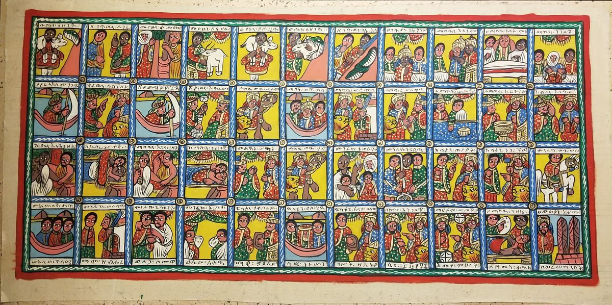 According to this tradition, the Queen of Sheba visited Solomon’s court after hearing about how wise he was. She stayed for six months and on her last night was tricked into bed with the King and became pregnant. (The Queen of Sheba Meeting Solomon, Ethiopia, mid-20th century)