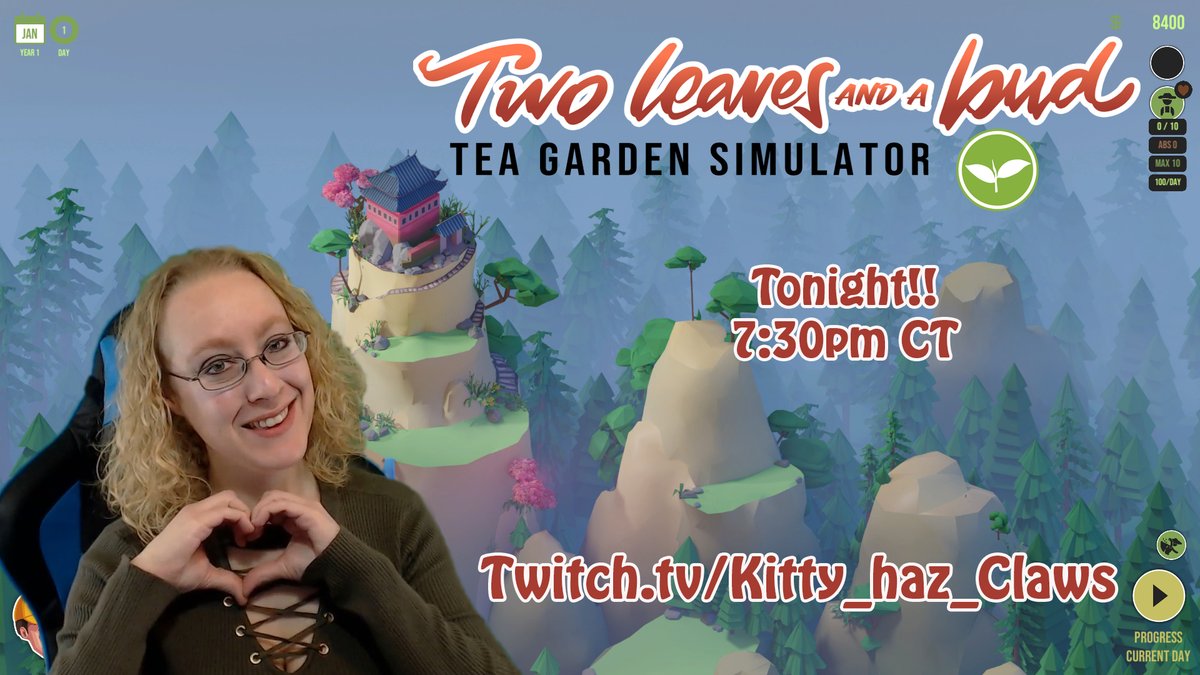 Join me tonight at 7:30pm CT as I demo #indiegame @twoleavesgame let's learn how to grow and sell tea leaves. So grab your teacup or mug and join me tonight!
Twitch.tv/Kitty_haz_Claws