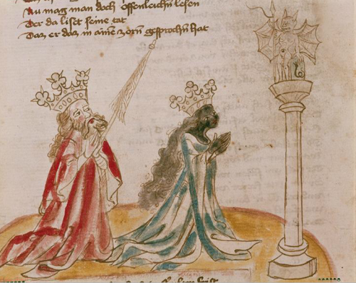 Intrigued, Solomon had a glass floor built in front of his throne so that Bilqīs thinking it was water, would raise her skirts to cross it. The plan was successful & it was revealed that the legs of the Queen were truly hairy. (Hans Vintler, Solomon & the Queen of Sheba, (1411)