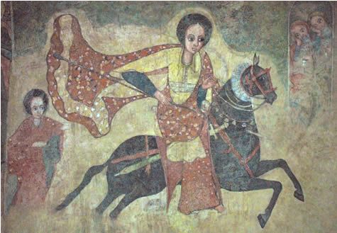 She later gave birth to a son, Menilek, who became King and founded the Solomonic dynasty of Ethiopia. (17th-century painting of the Queen of Sheba from a church in Lalibela, Ethiopia and now in the National Museum of Ethiopia)