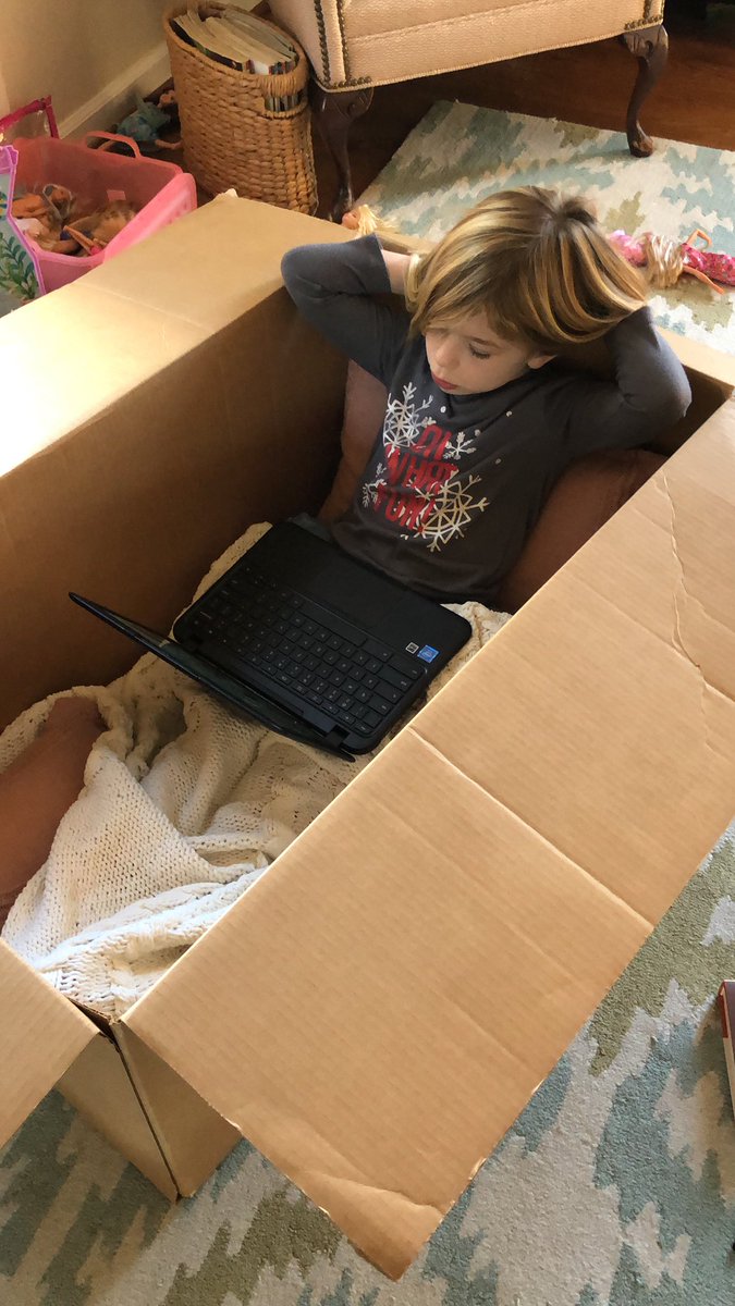 Living her best distance learning life, but also very excited to be back to school tomorrow! 🏫 🎉