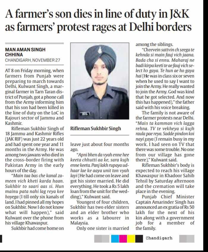 diljitdosanjh's tweet photo. SUKHBIR SINGH 🙏🏾

A FARMER’S SON DIES IN LINE OF DUTY IN J&amp;K 🙏🏾

WE ARE FARMERS NOT TERRORISTS 🙏🏾🙏🏾

#FarmerProtest https://t.co/OzOJRzLtgT