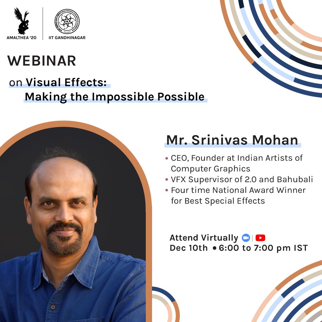 amalthea_iitgn's tweet photo. Our next speaker at the Webinar series, @srinivas_mohan, is a pioneer Visual Effects supervisor with 20+ years of experience. He is a four-time National Film Award winner for Best Special Effects.
Register here to interact with him - https://t.co/Ya1SNPFJR3 https://t.co/pzF7kWBGl9