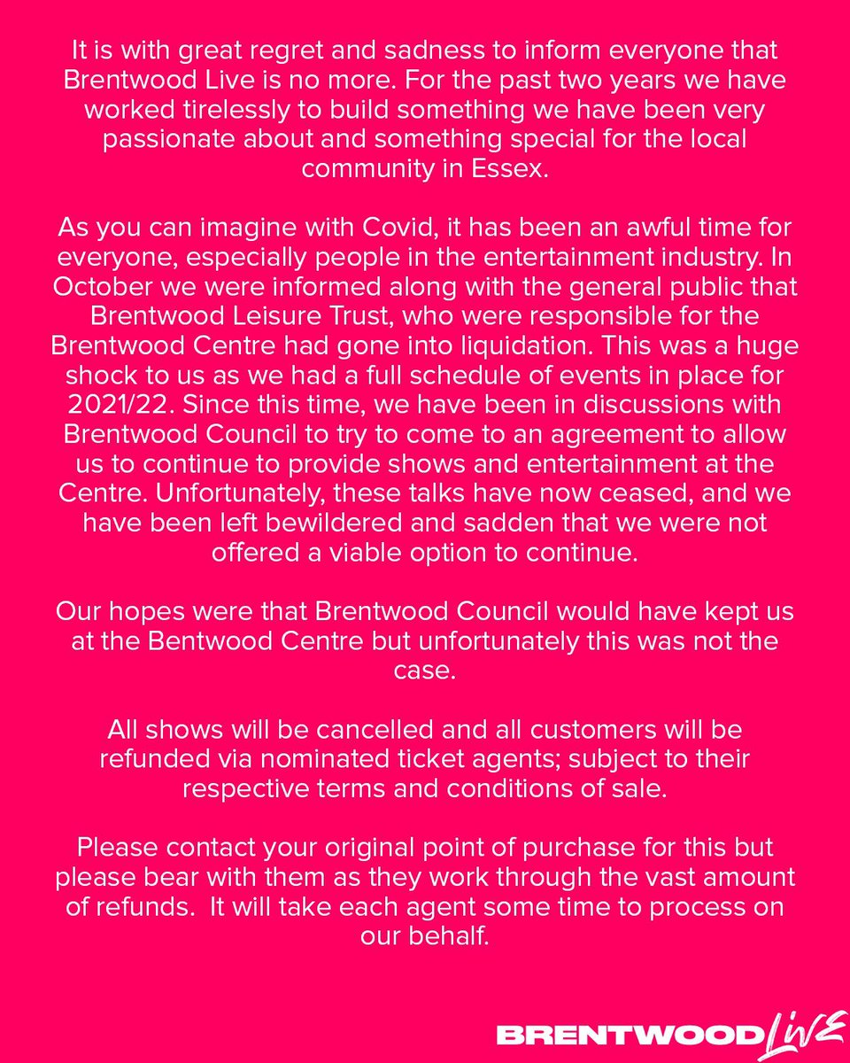 It is with great regret and sadness to inform everyone that Brentwood Live is no more.