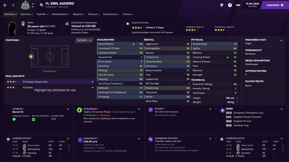 TRANSFERS 21/22 AddendumGoalkeepers - forget to say in all of the transfer moves I made, I also jettisoned Dubravka for £12m in the January window, he was getting absolutely zero game time behind... Emil Aduero (GK)- £5mDub's helped pay for Bellingham & Mbabu  #NUFC  #FM21  