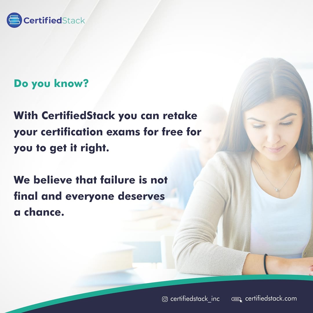 Certifiedstack2's tweet photo. Do you know? With Certifiedstack you can retake your certification exams for free for you to get it right. We believe that failure is not final and everyone deserves a chance https://t.co/4qKJ1Fo857