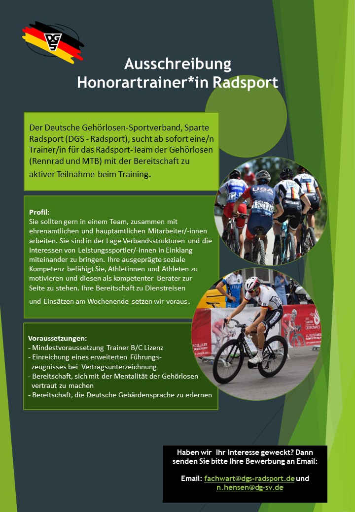 DG_SV's tweet photo. Der Deutsche Gehörlosen-Sportverband sucht eine/n neue/n Trainer/in für die Radsportler. Bitte weitersagen! @DOSB @wirsindradsport https://t.co/K7ncl6cnlG