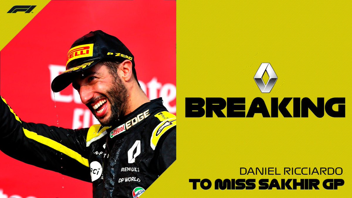 BREAKING: Daniel Ricciardo will miss this weekend's Sakhir Grand Prix after a positive test for Covid-19