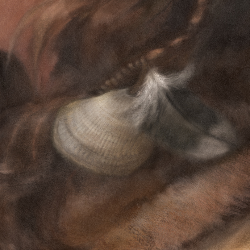 She has also added a Glycymeris sp. shell to her braid. These, and other bivalve shells, have been found with perforations at Mousterian sites, such as at Cueva de los Aviones in Spain. Some shells have even been found painted with red pigment. 6/14 https://www.researchgate.net/publication/278715782_Personal_Ornaments_and_Symbolism_Among_the_Neanderthals