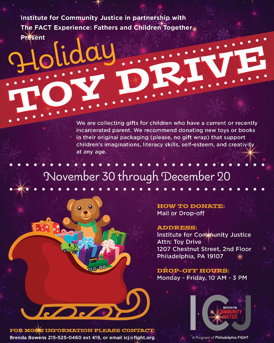 ICJ's Holiday Toy Drive! 

Mail or drop off toys and books in original packaging at 1207 Chestnut St., 2nd Fl, from 10am - 3pm.