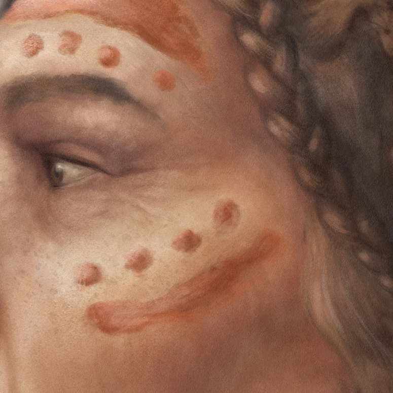 Her face is painted w/ ochre. Neanderthal ochre use has been found in the Netherlands going back at least 200 kya. While there is no direct evidence for body painting, they did use it in liquid form & stored pigments in containers such as shells. 7/14 https://www.pnas.org/content/109/6/1889