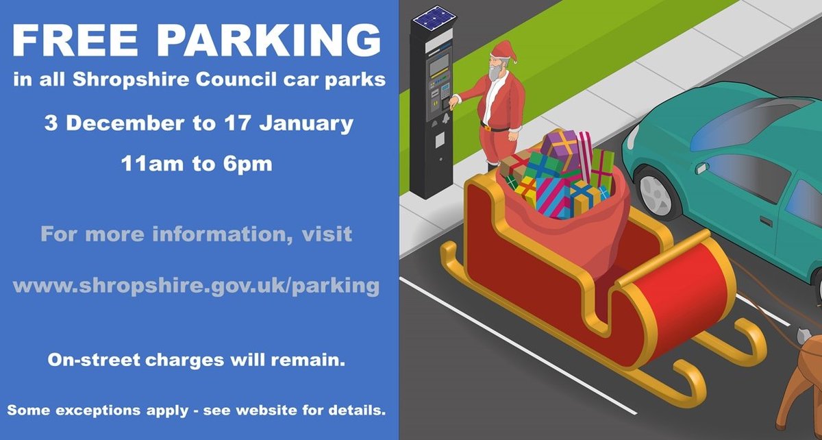 ShropCouncil's tweet photo. Good news for everyone - including Father Christmas 🎅🏻 There's FREE parking in all Shropshire Council car parks from tomorrow (3 December) until 17 January, from 11am to 6pm each day. #thinklocal See here for details https://t.co/mzeBGL98VE https://t.co/WZRDqnzSSM