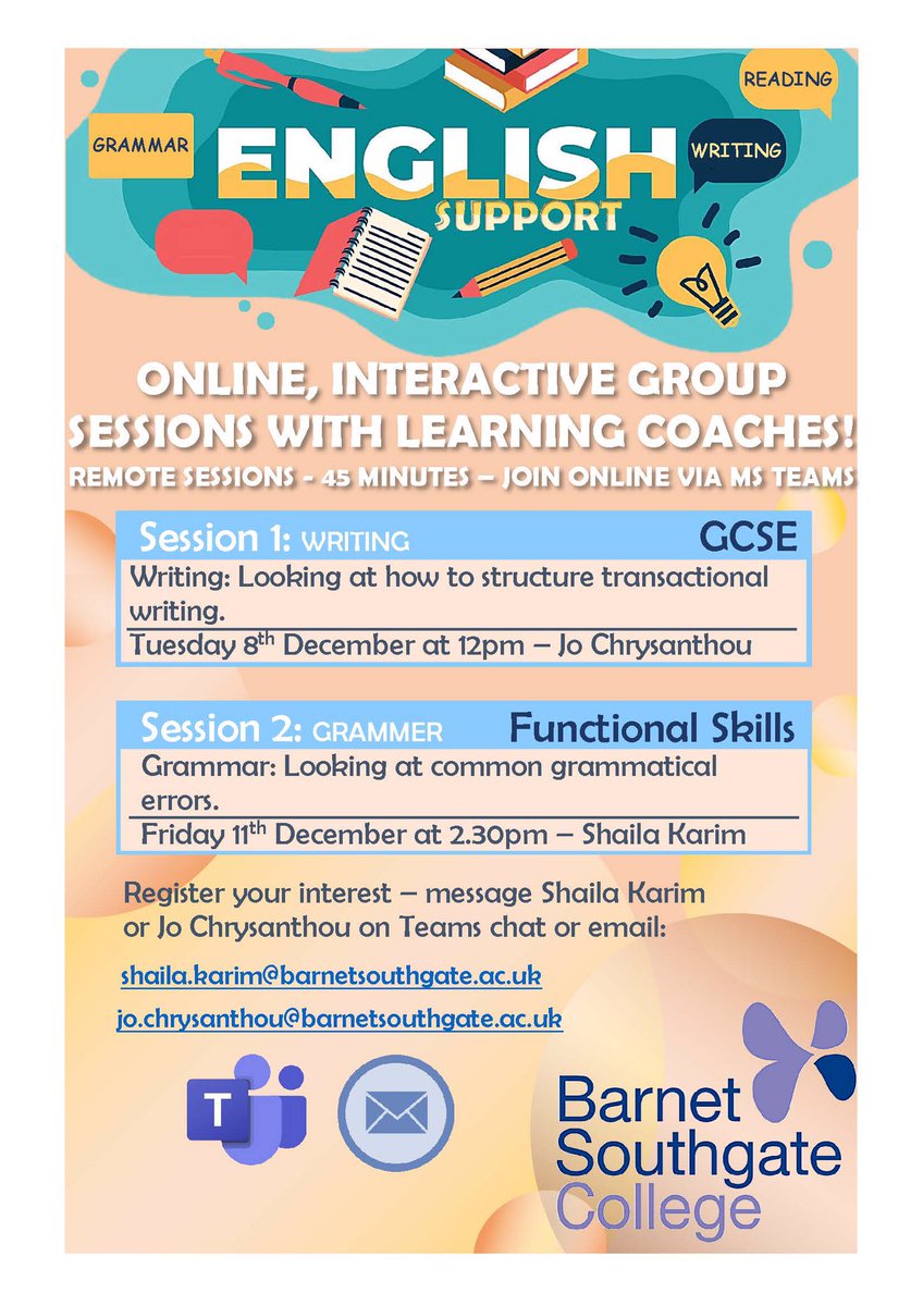 studentservbsc's tweet photo. Get extra help with your English with small, online group sessions from a Learning Coach! Check out the schedule below for next week!
#englishsupport #studentservices #barnetsouthgatecollege https://t.co/IyHQLz3xfU