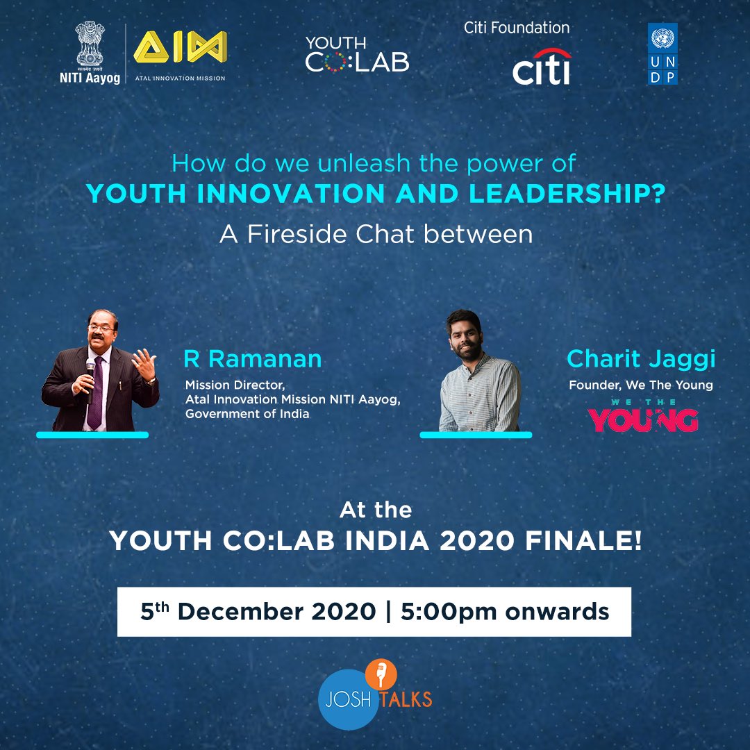 Join us as we unleash the power of youth innovation & leadership! Register for this fireside chat between @rramanan and our founder @charitjaggi 5 Dec 2020 | 5 PM Register Now: bit.ly/3g00EKt @UNDP_India @YouthCoLab #YouthCoLab #AimToInnovate