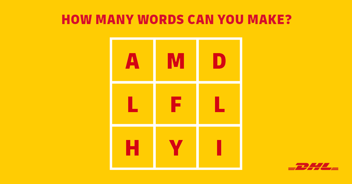 DHLexpress's tweet photo. Can you guess the DHL phrase hidden in this square? What other words can you make with the letters below? 🤔 https://t.co/pYT6VJiLHk