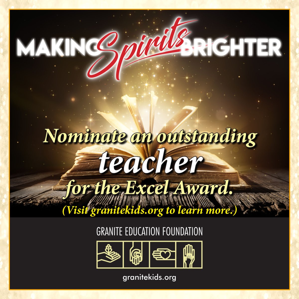 Nominate an outstanding Granite School District teacher for the Excel Award. 

Visit granitekids.org/excel/.

#GraniteGives #makingspiritsbrighter