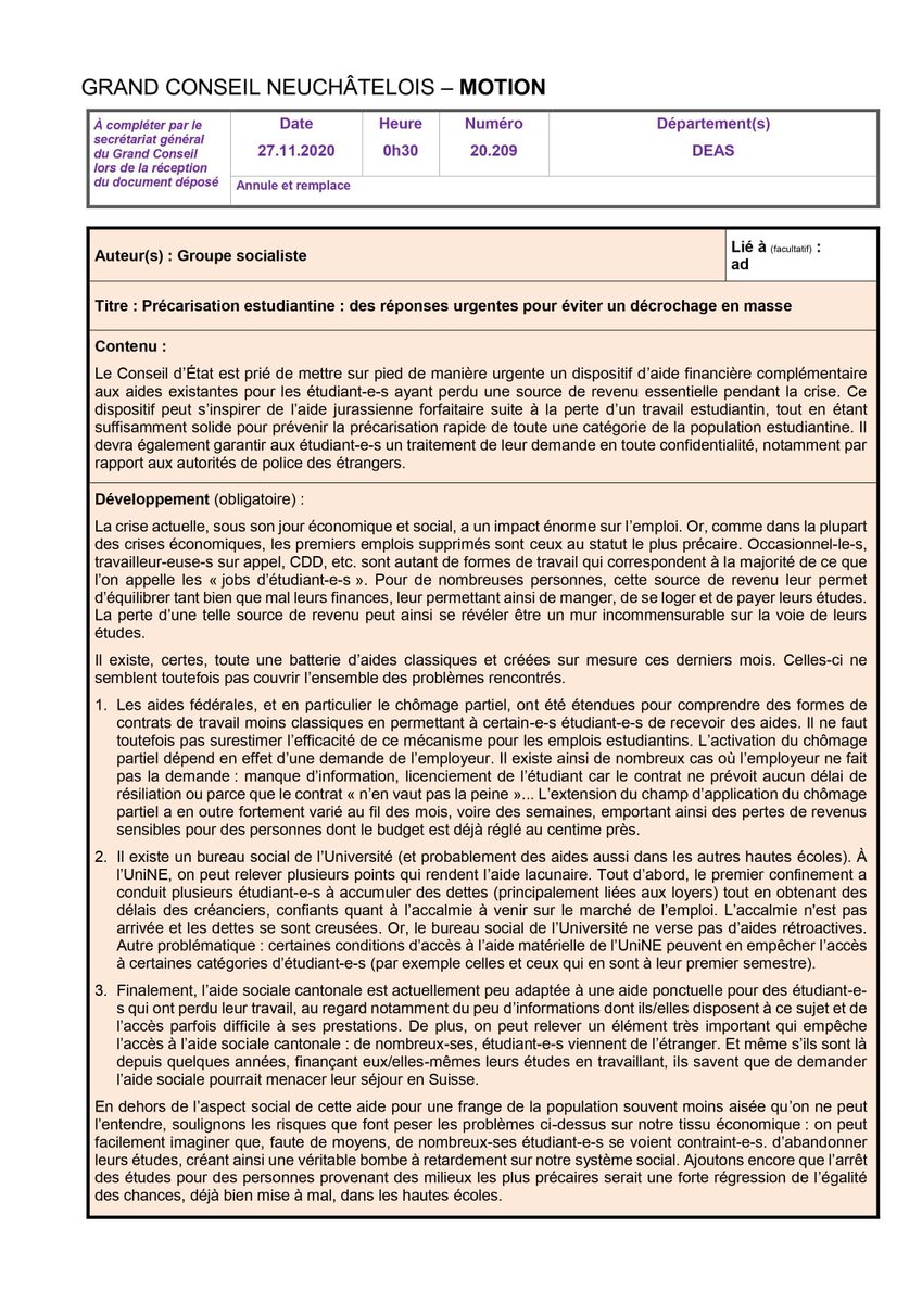 Bonne nouvelle pour les étudiant.e.s neuchâtelois.e.s ! Une aide financière devra être mise en œuvre pour celles et ceux qui ont perdu leur emploi grâce à l'acceptation de cette motion PS dont je suis l'auteur. 🌹
<a href="/psneuchatelois/">PSN</a> <a href="/FenAssociation/">FEN - Fédération des étudiant-e-s neuchâtelois-e-s</a>  <a href="/UniNeuchatel/">Université Neuchâtel</a>