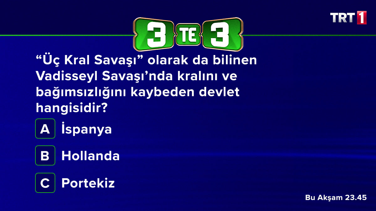 Cevabı biliyor musunuz?🤔
3'te 3 bu akşam yeni bölümüyle saat 23.45'te TRT 1'de. #3te3 #trt #trt1 #tv #yenibölüm