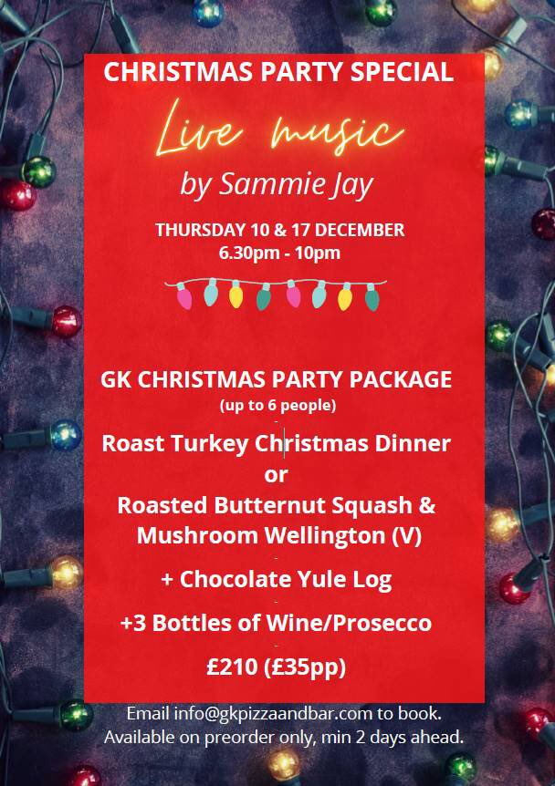 Take a look at our Christmas party nights with live music from <a href="/sammiejaymusic/">sammie Jay</a> 
£210 includes Xmas dinner, pudding &amp; wine for 6 people 🤩
Thursday 10th and 17th December. Email info@gkpizzaandbar.com to book, limited availability ✨ 

#greenwichlondon