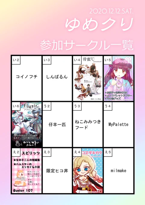 【12/12(土)】ゆめクリ

ピクトスクエアさんにて開催致します。12サークルによる オリジナル作品の即売会です✨

ジャンルごとにスペース配置を致しました!ぜひ当日ピクトスクエアにて遊びに来てください?
(一般参加は無料です!)

 #ゆめクリ 