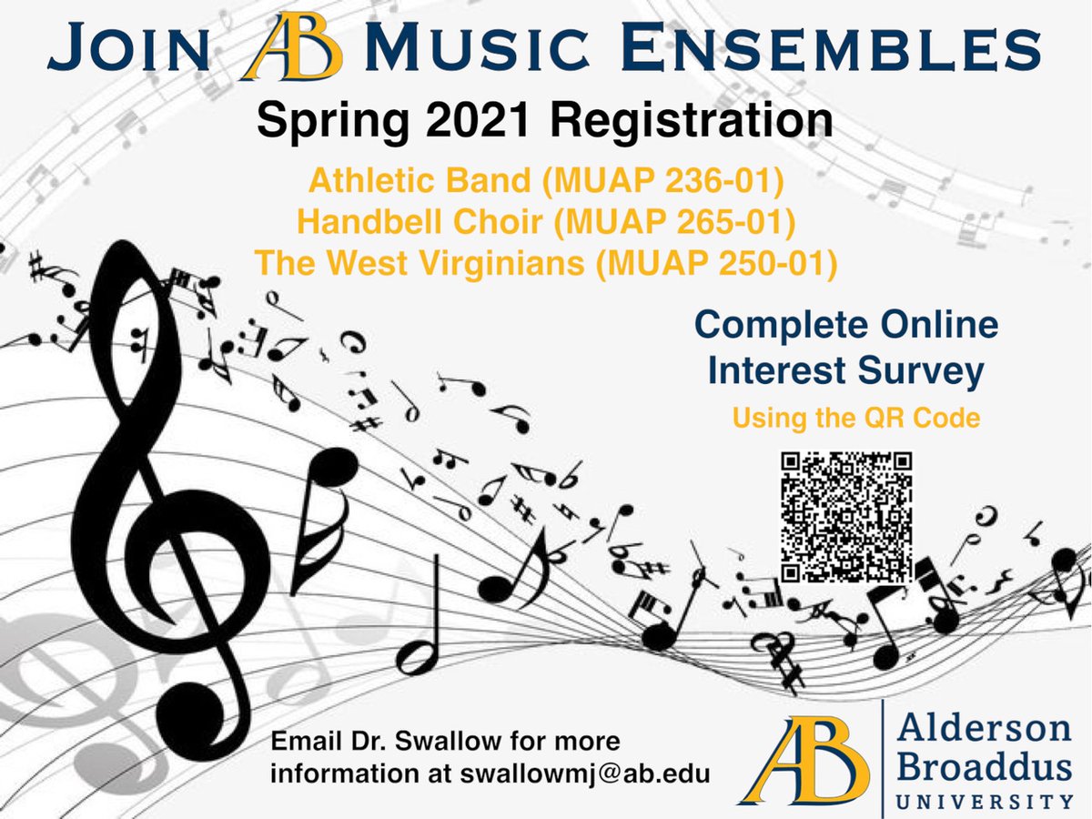 Battlers, we have a music ensemble just for you! ⚔️🥁🎶

Alderson Broaddus University will continue its traditions to enrich the campus community with the musical arts. Check out the information below for details on how to register.