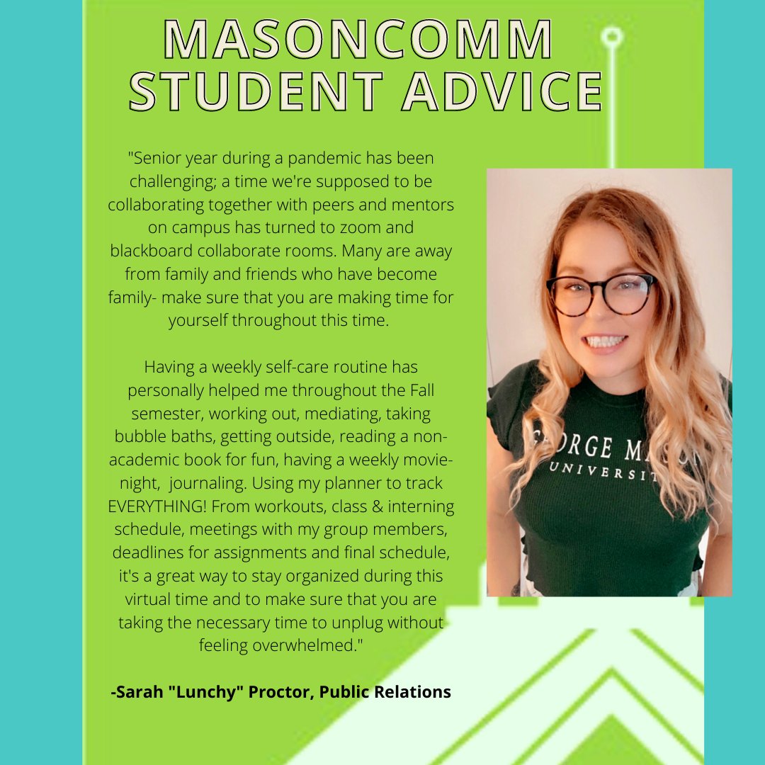 MasonCommDept's tweet photo. Student advice for wellness and self-care!
#MasonCOMMAmbassadors
#ThisisMasonCOMM https://t.co/Pn7m3WLjiL