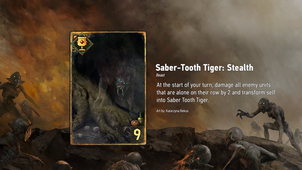 SirPumpkn's tweet photo. Today I have a very special card for you today. The hint I gave my discord was that the card is an artifact sometimes... Thank you @Playgwent for letting me reveal: Saber-Tooth Tiger! A very strong consideration when creating a movement deck, or even a "no-unit" deck? https://t.co/9HW4OmtLSJ