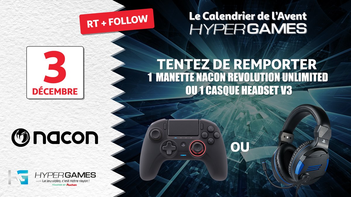 Auchan on Twitter: "#Concours 🎅 JOUR 3 📅 Tentez de remporter 1 manette Nacon Revolution Unlimited ou 1 casque Headset V3. Au total 2 gagnants. Pour participer : ✔️Follow @HypergamesA ✔️RT