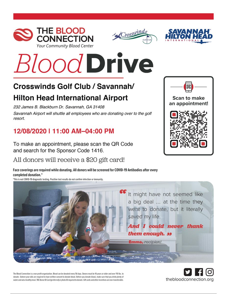 CrosswindsGC's tweet photo. We're hosting a Blood Drive here at Crosswinds on December 8th! To make an appointment, scan the QR code and search for the sponsor code 1416. We hope to see you there! https://t.co/81JHkstbt9
