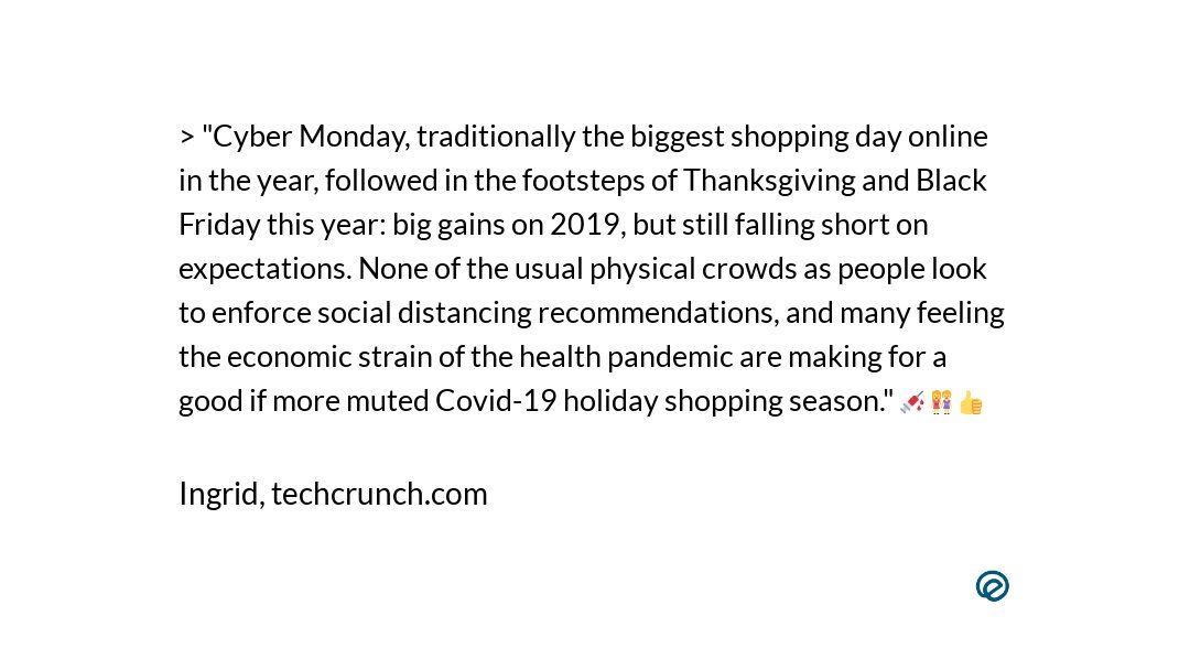 ecomloop's tweet image. Cyber Monday came in at $10.8B spent online #InTheUS, at the low end of the range but still a record one-day total @techcrunch 😵 techcrunch.com/2020/11/30/cyb… via @ingridlunden