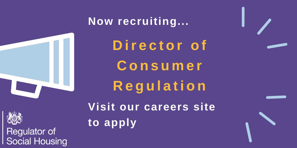 We're recruiting a Director of Consumer Regulation - an exciting opportunity to lead the development of our consumer regulation function, implementing the Social Housing White Paper. Role can be based in Manchester/Leeds/Birmingham/London. Apply by 17 Dec: …reers.regulatorofsocialhousing.org.uk/Apply/UlNa18bb…