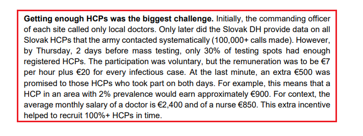"Getting enough HCPs (Health Care Professionals) was the biggest challenge." It took $$$:A HCP in an area with 2% prevalence was promised an approx. €900. The average monthly salary of a doctor is €2,400 & of a nurse €850. This "incentive" helped recruit 100% of HCPs.