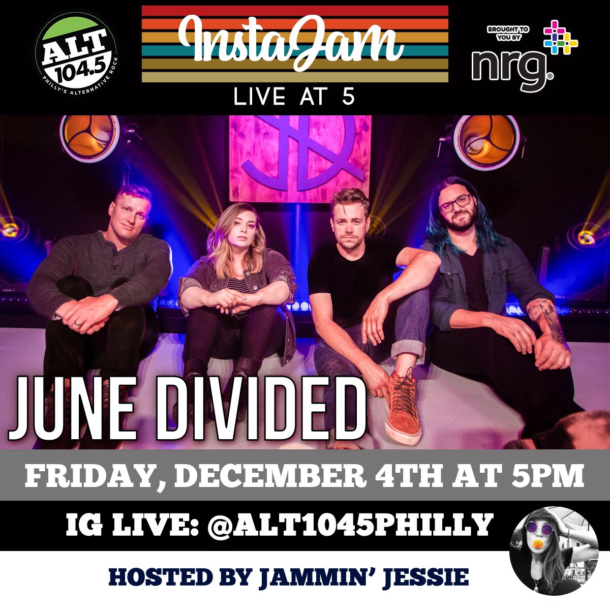 This Friday! Excited to be back for another #LiveAtFive #ALT1045Philly Insta Jam with <a href="/junedivided/">June Divided</a>! Tune in at 5pm hosted by <a href="/jammminjessie/">Jessie</a>! Thx <a href="/pickNRG/">NRG Home</a> 🔌💡