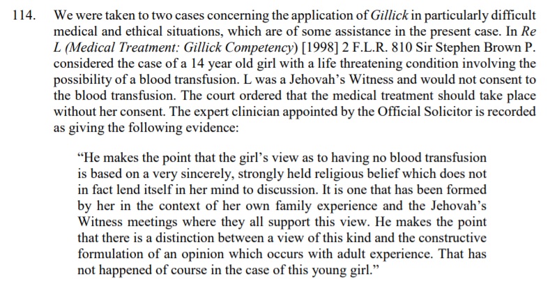 This was the legal case introduced by our barrister as more relevant to the case being heard. It introduces the issue of where a child's beliefs are influenced by a particular environment but may later change with adult experience.