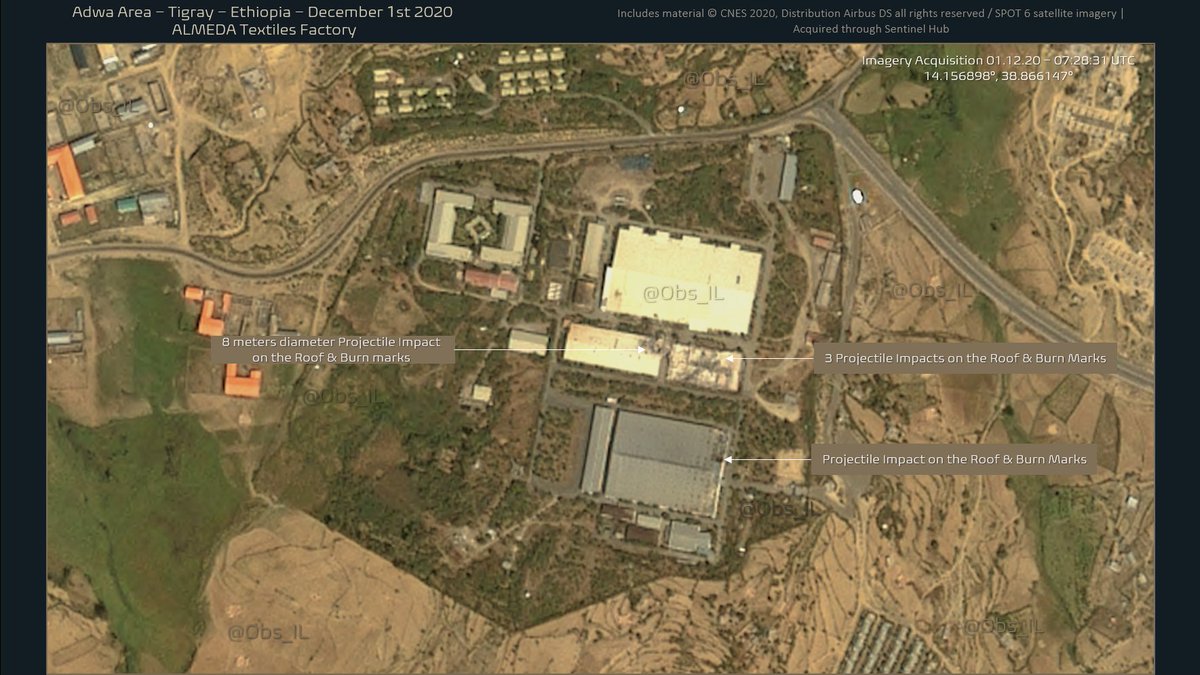 Confirmation of substantial damages sustained at #Almeda Textiles Factory West of #Adwa #Tigray #Ethiopia. Multiple projectile impacts and subsequent burn marks on the metal roof structures here seen on Satellite Imagery from December 1st 2020. #IMIMT https://t.co/8uZmnXb4tA https://t.co/3EvqELPRGJ