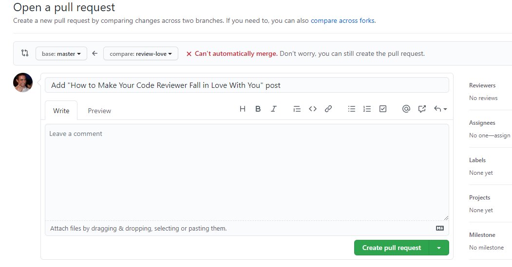 The first thing I do is make a PR into my public repo. I edit in a private repo and push to the public one for the first time on publication day. Looks like I've got merge conflicts. Whoops!