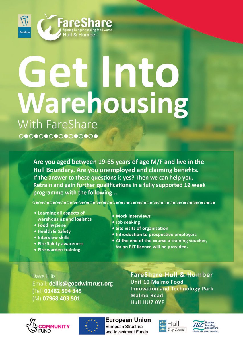 FareShareHull's tweet photo. We are now recruiting for CLLD #GetIntoWarehousing with #FareShare. If you are #unemployed &amp; would like to gain hands on experience in a #warehouse, and a FLT forklift license contact us now. Dave Ellis 07973 393788/ dellis@goodwintrust.org #training #employability #volunteers https://t.co/nWYMWYOm27