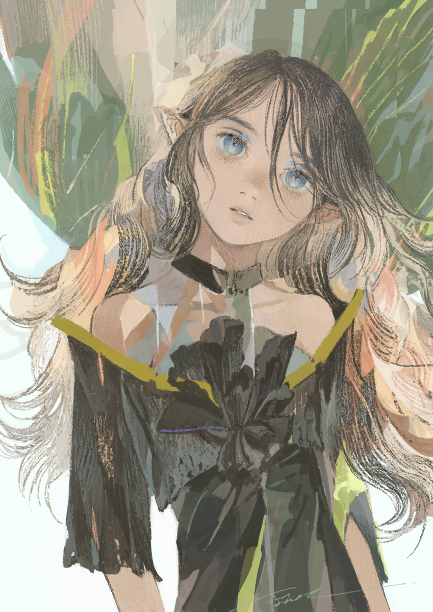 1girl solo long hair blue eyes pointy ears parted lips looking at viewer  illustration images
