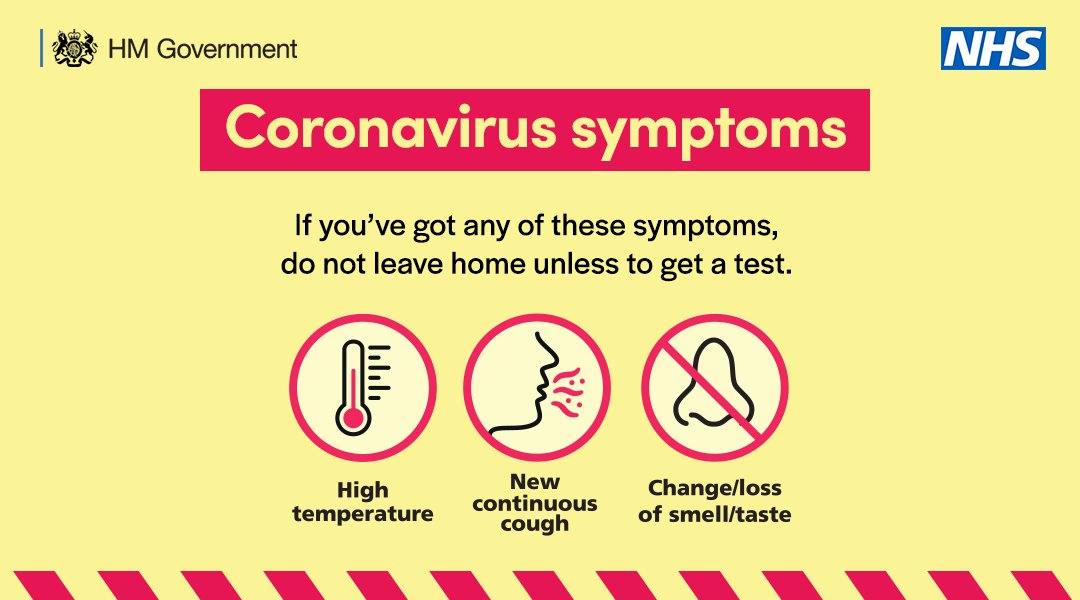 If you have symptoms of #coronavirus, YOU MUST stay at home and book a test as soon as possible.

The symptoms are: 
 🌡️a high temperature
🗣️a new, continuous cough
👃a loss or change to your sense of smell or taste

To book a test:
▶️call 119 or visit NHS.uk