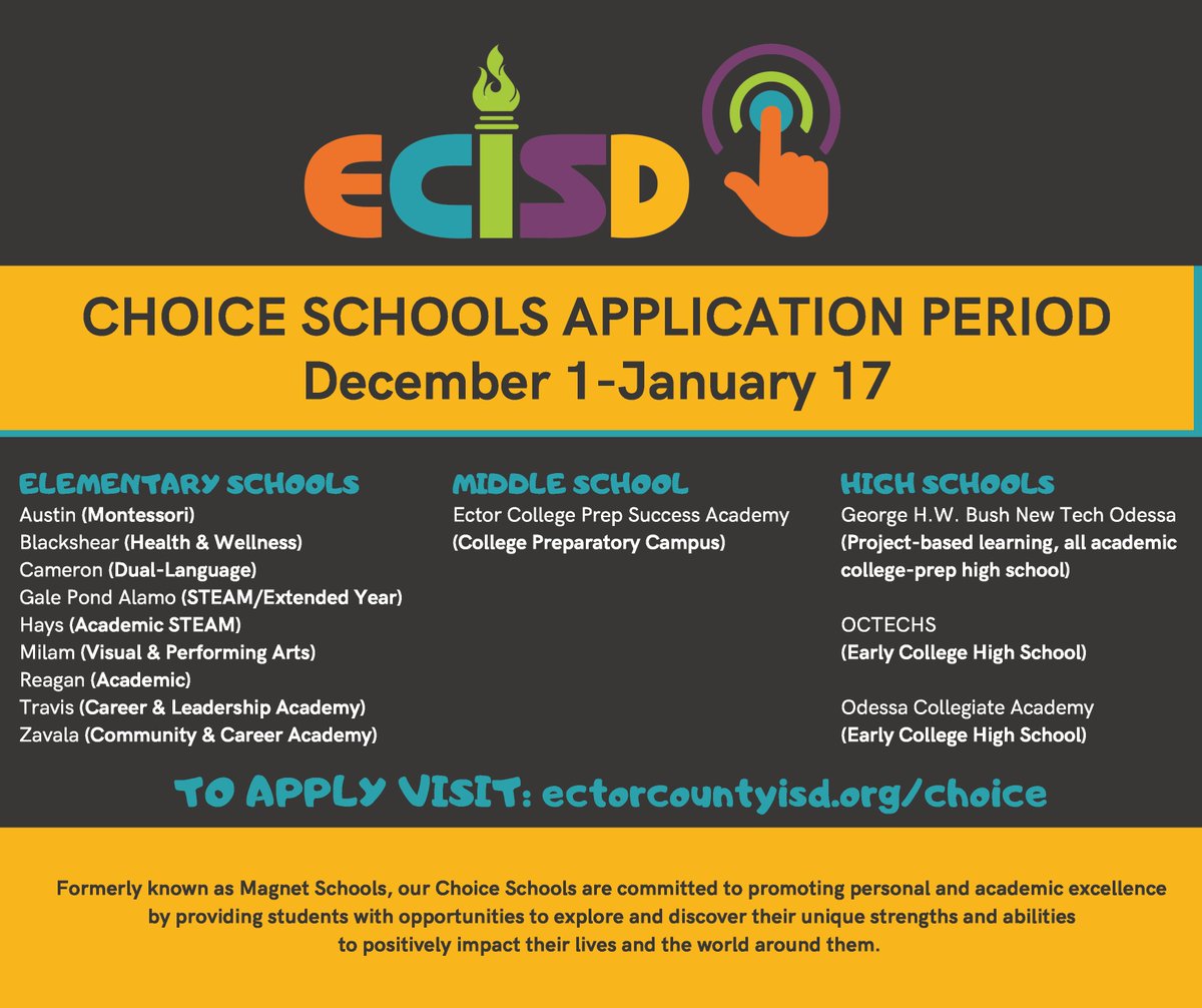 EctorCountyISD's tweet photo. Choice Schools Application Period
December 1 - January 17
To apply visit: https://t.co/gfCgSWHyQs https://t.co/R02anLk6Kq