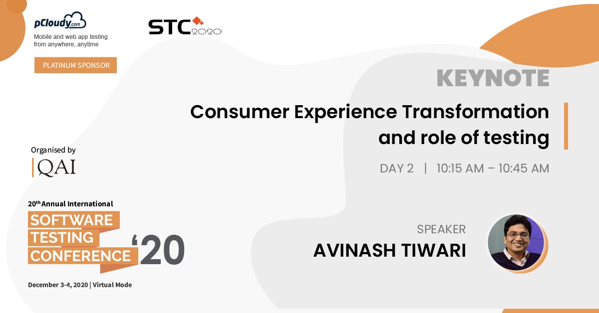 pcloudy_ssts's tweet image. Looking forward to the Keynote Session by our Co-Founder, Avinash Tiwari who will be speaking at the Annual International Software Testing Conference 2020 (@QAISTC ) . #SoftwareTestingConference #stc2020 #qai #SoftwareTesting #apptesting
